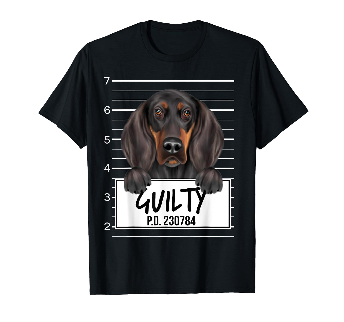 Funny Black and Tan Coonhound Mugshot Guilty Dog T-Shirt for Men Women Girls Kids