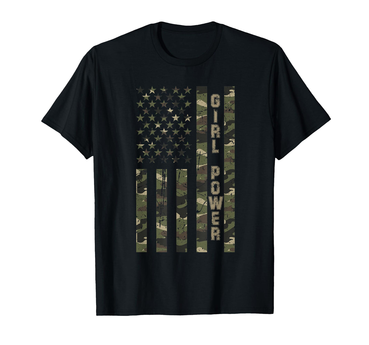 Girl Power United States Distressed Camo w US Flag T-Shirt