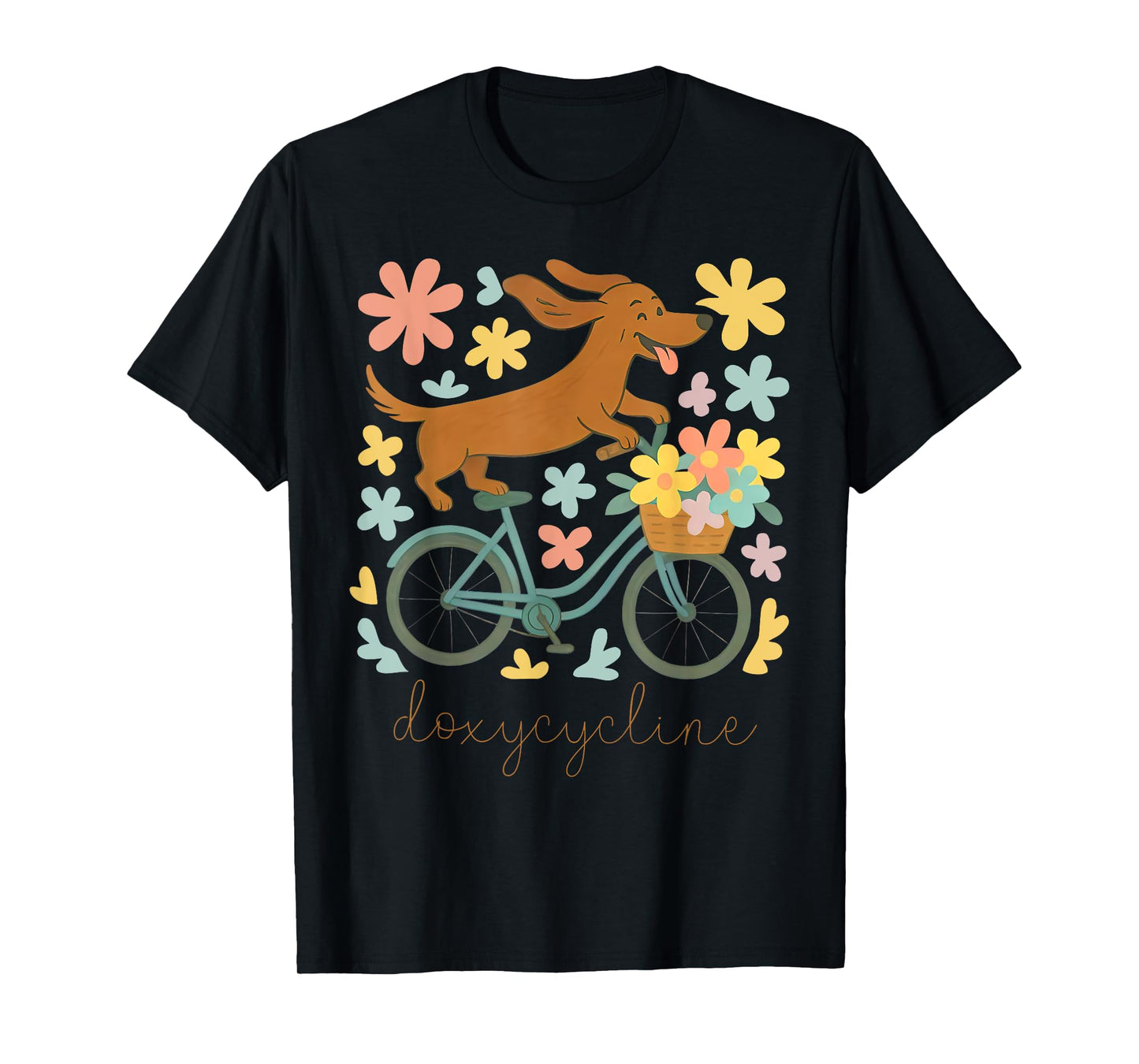 Doxycycline Pharmacy Pun Funny Dachshund on Bicycle Flower T-Shirt