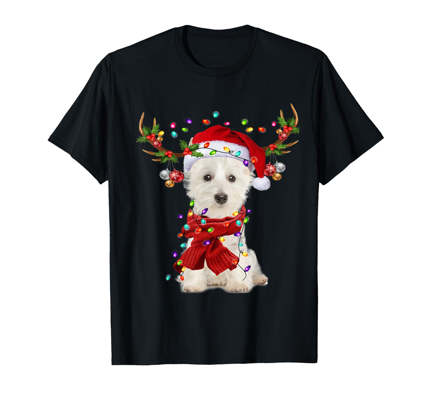 Santa Westie Dog Reindeer Christmas Lights Men Women Kids T-Shirt