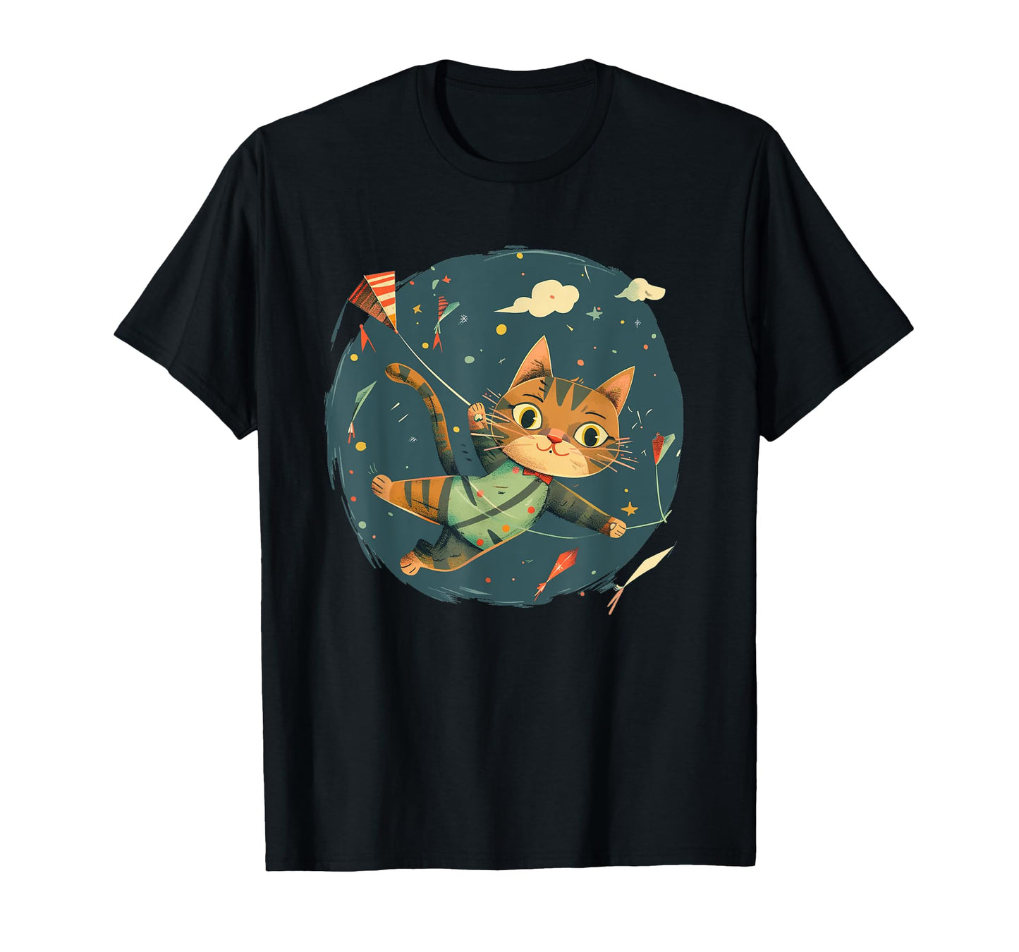 Cheerful Cat Flies Kites Emblem for a Playful Windy Touch T-Shirt
