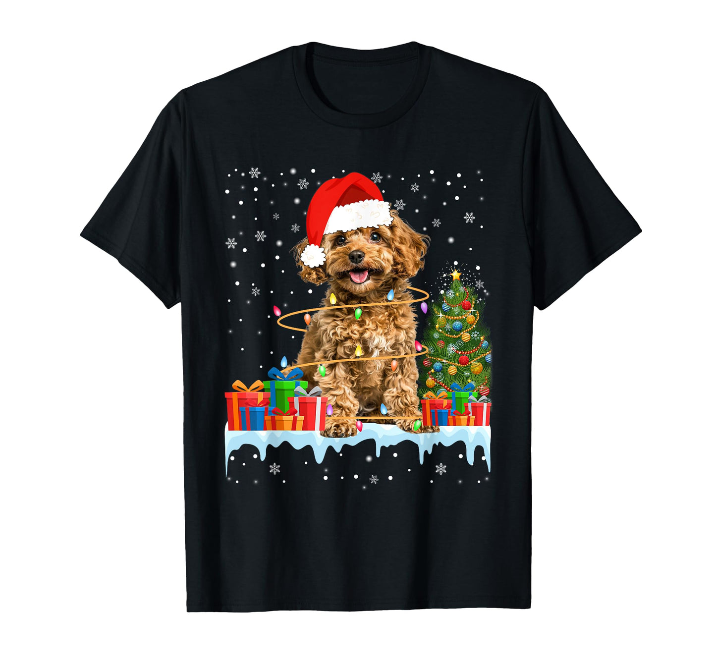 Funny Santa Poodle Dog Christmas Lights Xmas Pajamas T-Shirt