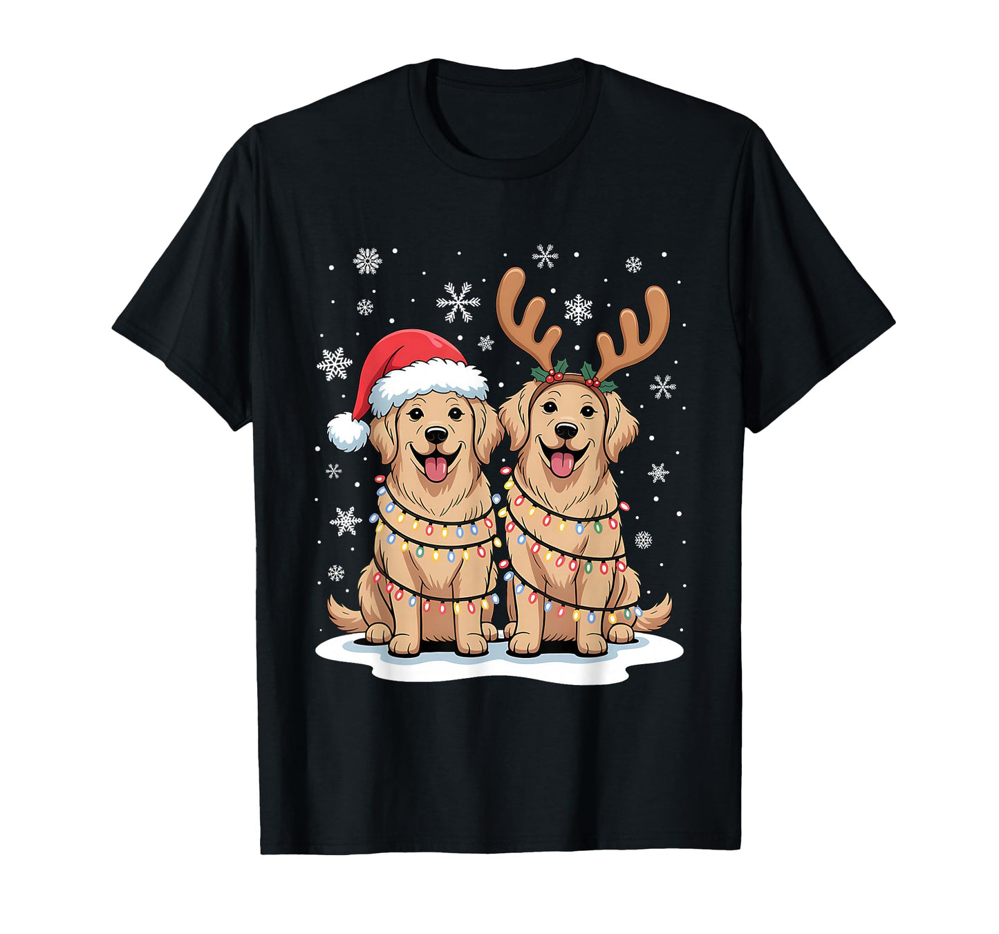 Golden Retriever Christmas Santa Hat Reindeer Lights Pajama T-Shirt