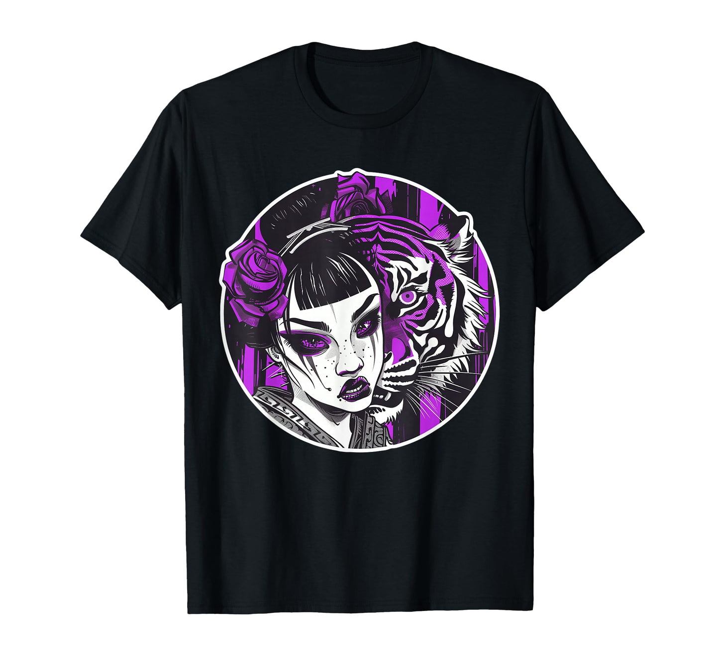 Kawaii Anime Geisha With Tiger Bliss For Otaku Enthusiasts T-Shirt