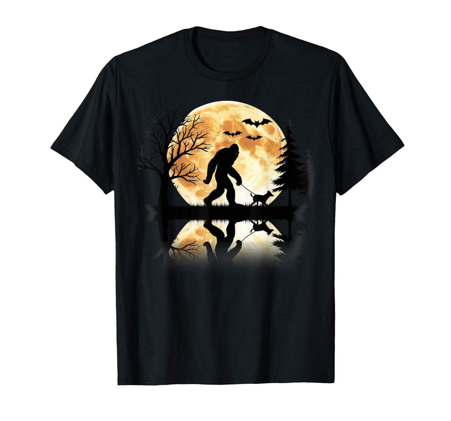 Bigfoot Walking With Dog Funny Halloween Moon T-Shirt