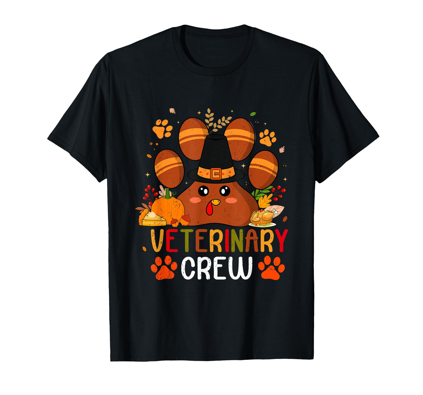 Veterinary Crew Vet Tech Dog Cat Paw Turkey Thanksgiving T-Shirt