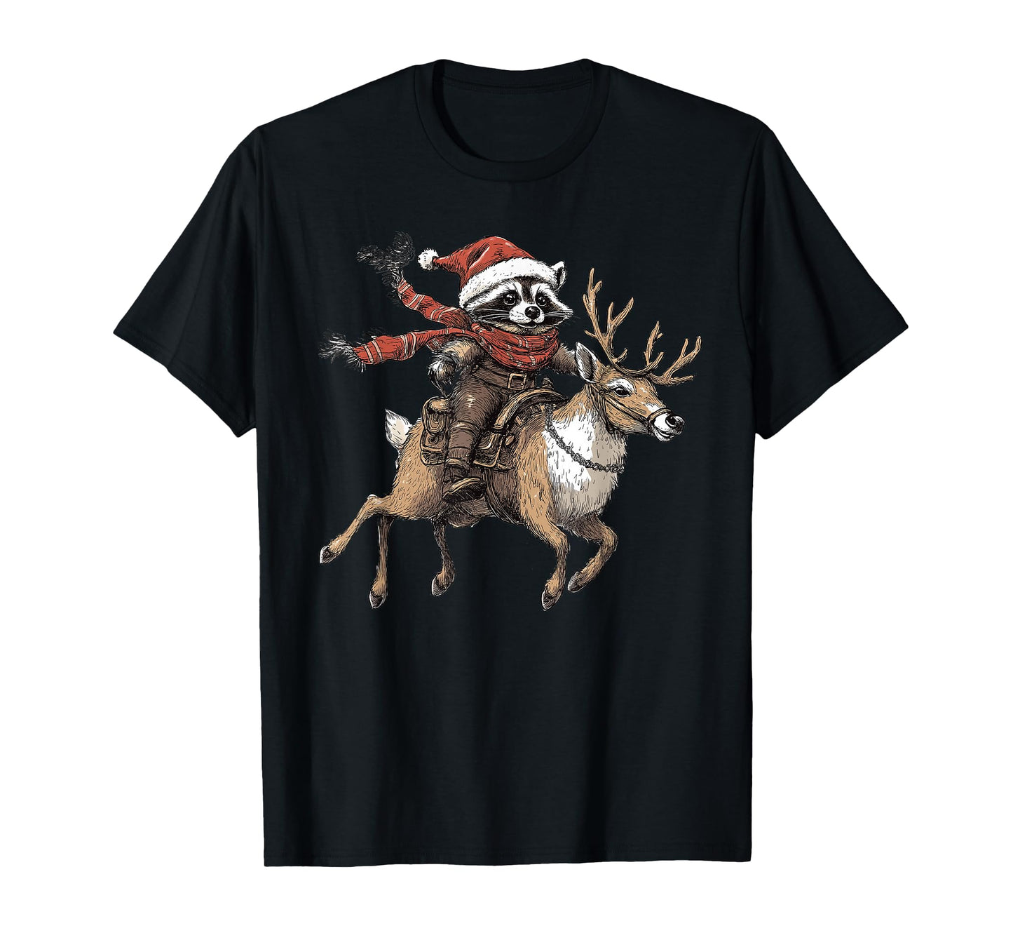 Funny Raccoon Riding Reindeer Cowboy Cowgirl Christmas T-Shirt