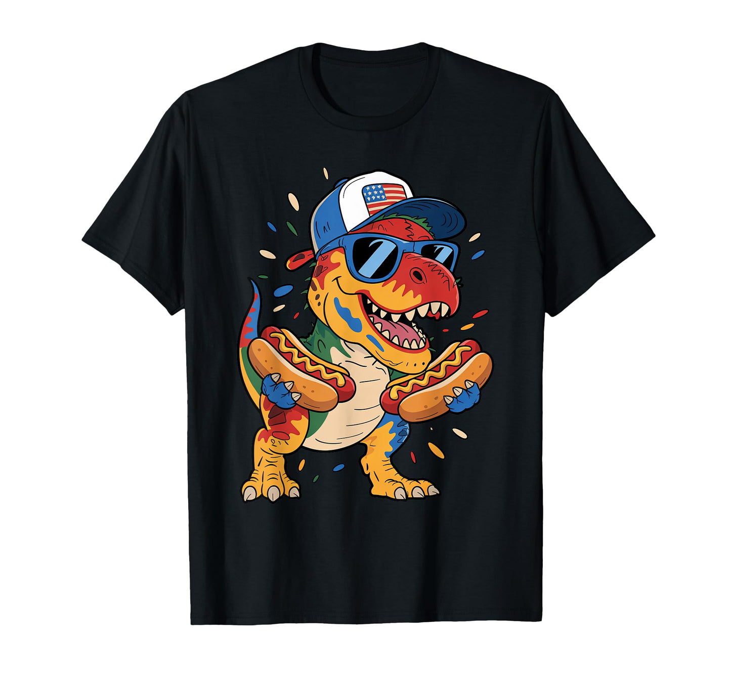 4th of July T Rex Dinosaur Sunglasses Hotdog American Flag T-Shirt for Men Women Kids