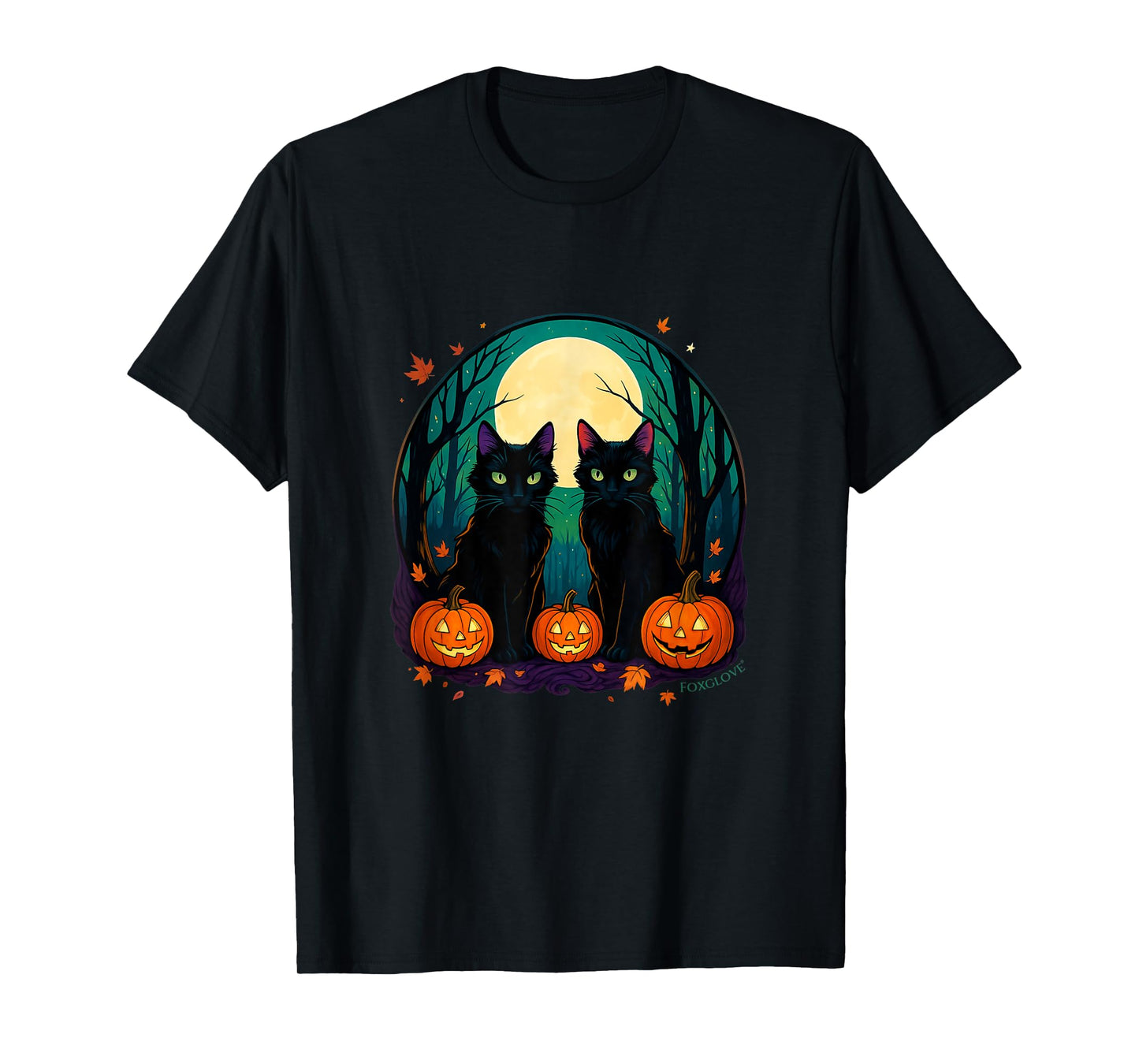 Black Cats with Pumpkins under Full Moon on Halloween Men Women T-Shirt