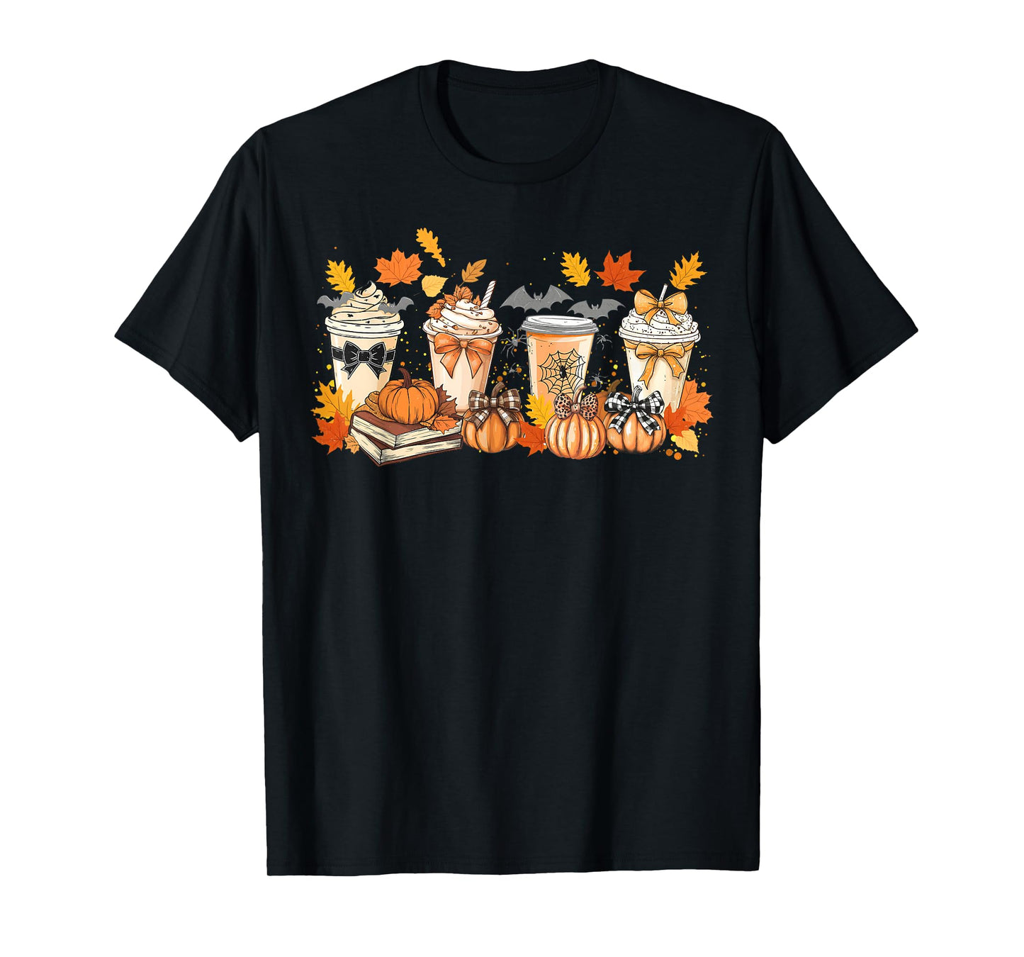 Fall Pumpkin Spice Coffee Latte Bow Book Lover Spooky Season T-Shirt