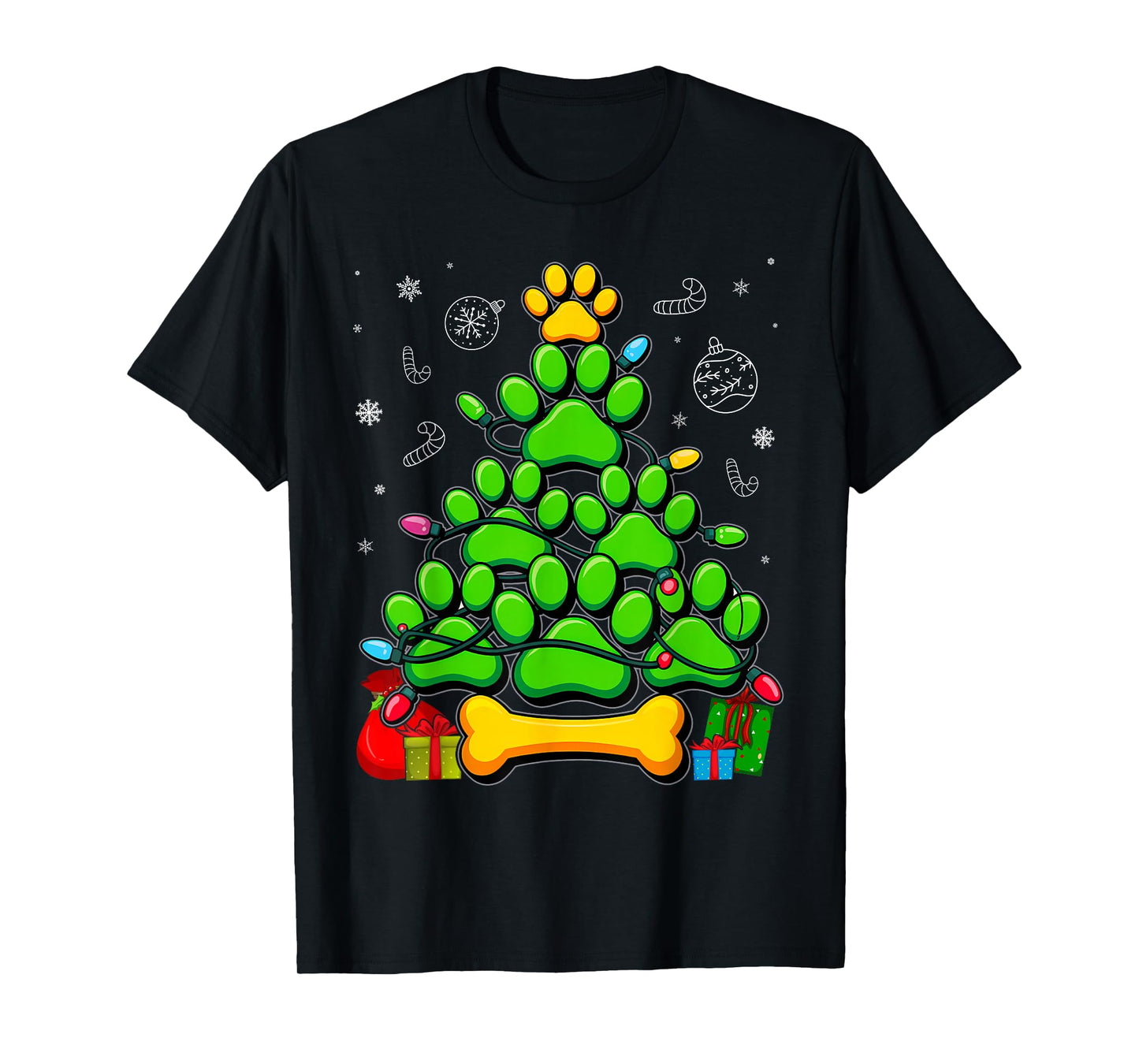 Lovers Cute and Funny Dog Paws Prints Tree Christmas T-Shirt