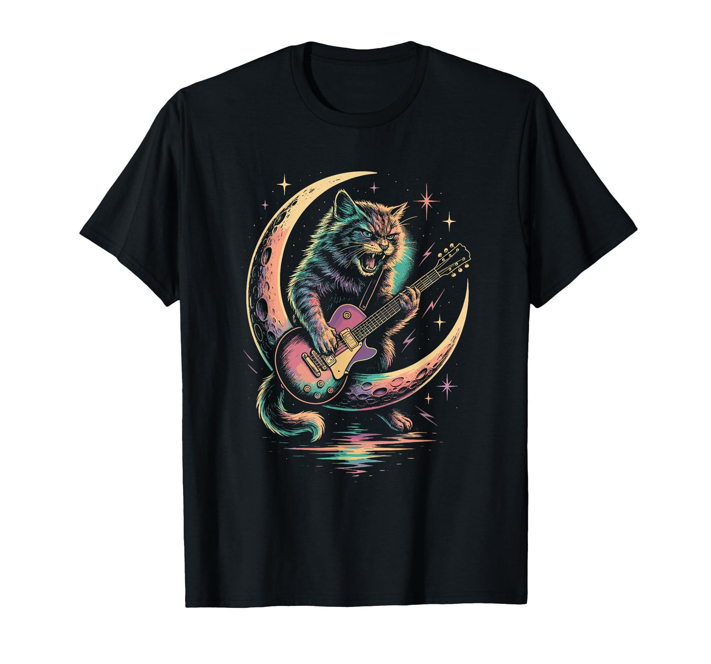 Rock Guitar Cat on Moon for Music Lovers Color Feline Fans T-Shirt