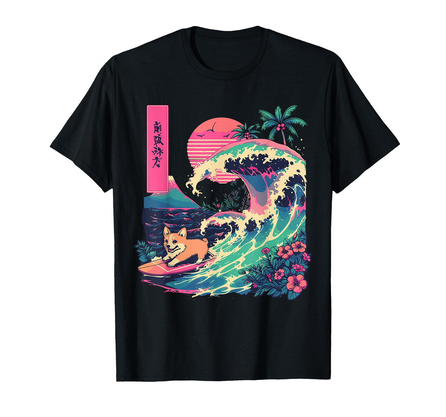 Japanese Corgi Surfing Great Wave Japan T-Shirt
