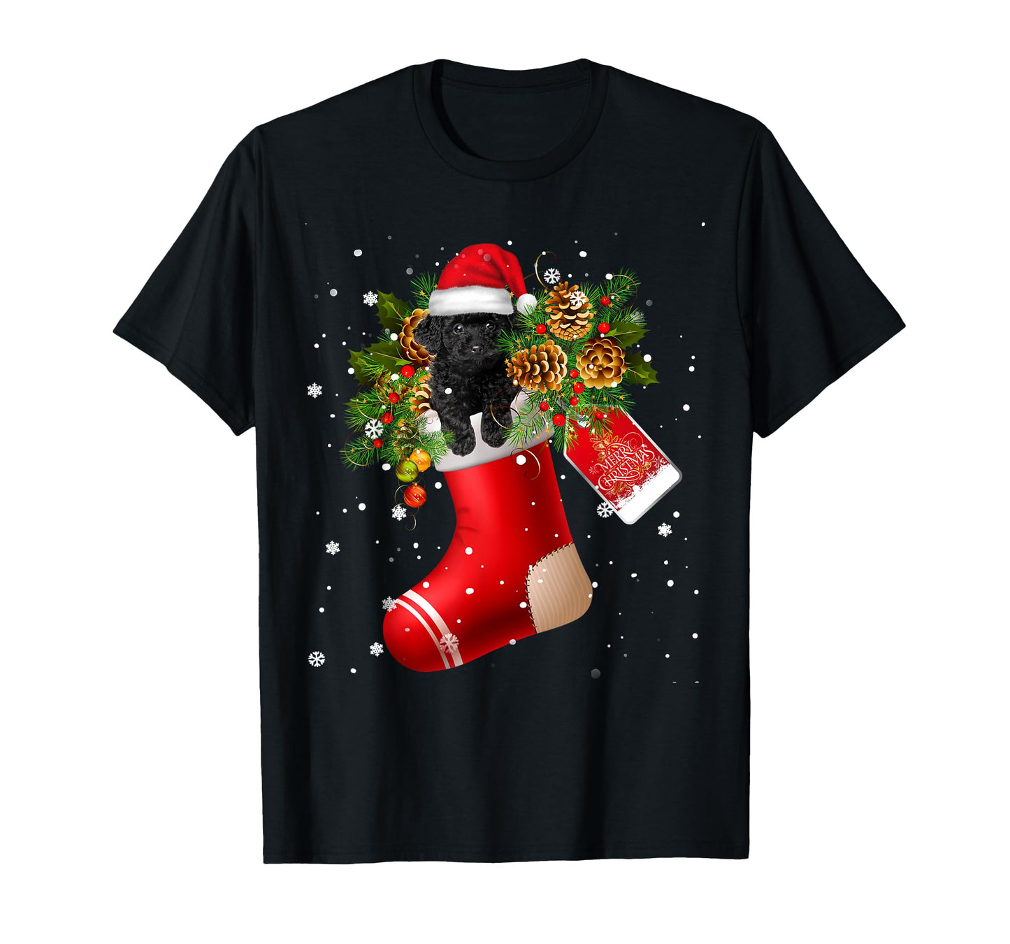 Santa Black Toy Poodle In Christmas Sock Pajama T-Shirt