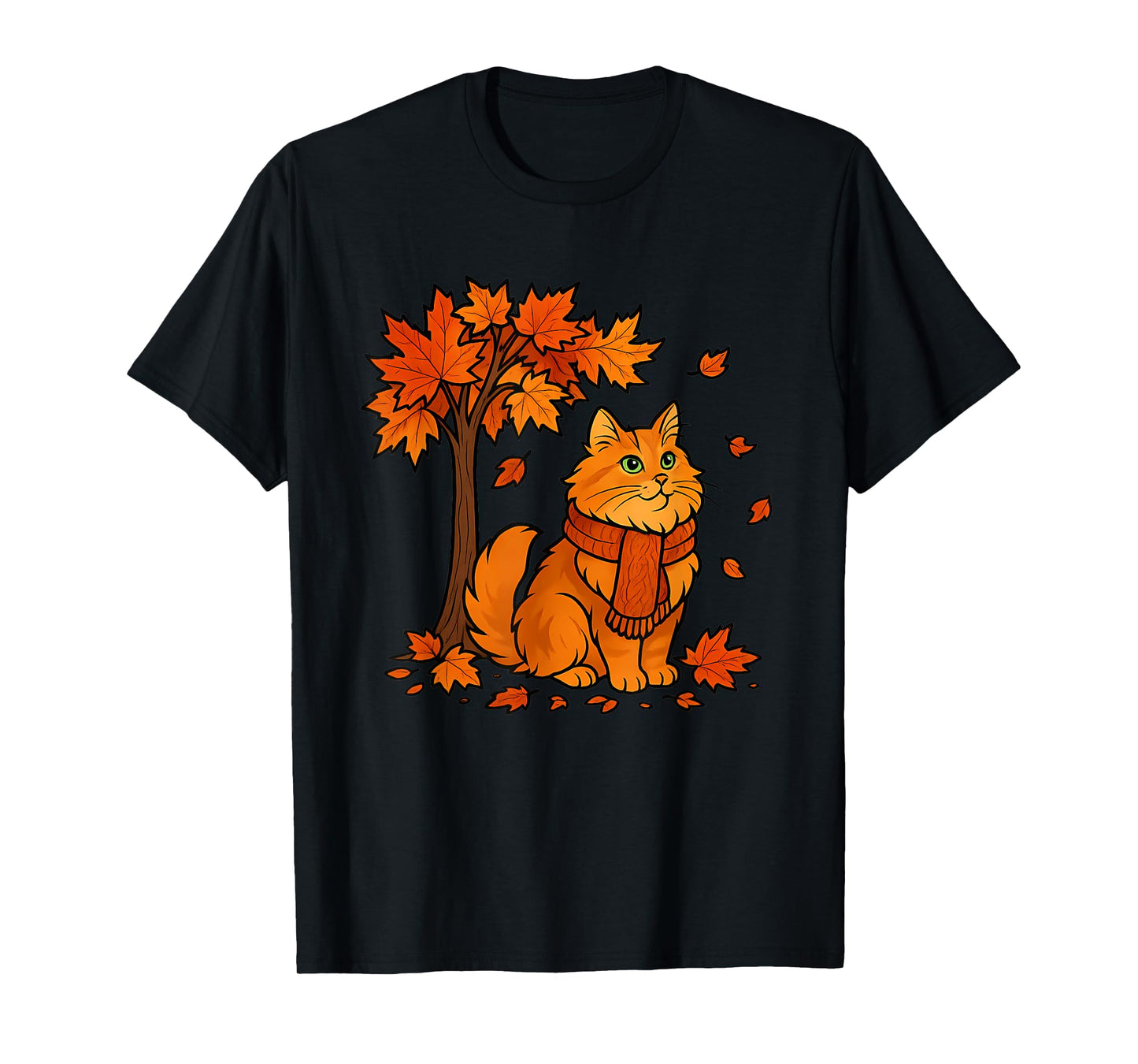 Autumn Cat Scarf Fall Vibes Falling Leave Tree Thanksgiving T-Shirt