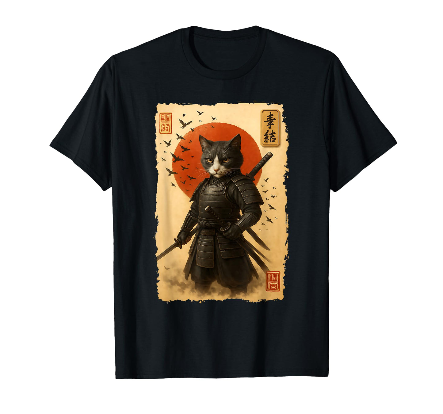 Vintage Japanese Art Anime Samurai Cat Warrior Men Women T-Shirt