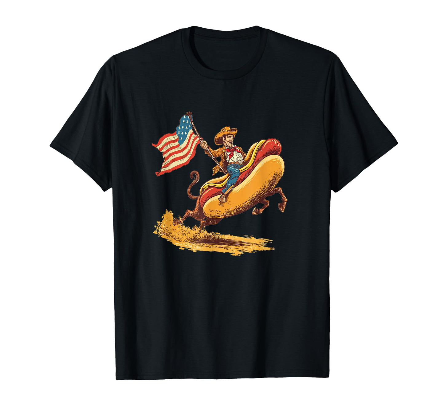 Funny Hotdog with Cowboy for Riding and US Colors T-Shirt