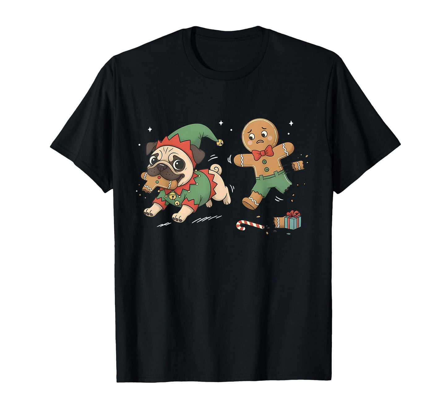 Funny Gingerbread Chasing Pug Christmas Dog Mom Pug Lovers T-Shirt