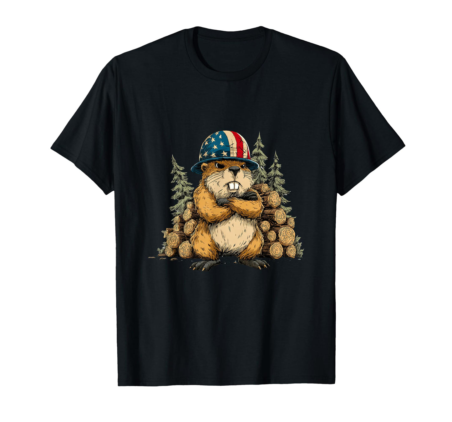 Funny Beaver with Patriotic Helmet in US Colors Costume T-Shirt