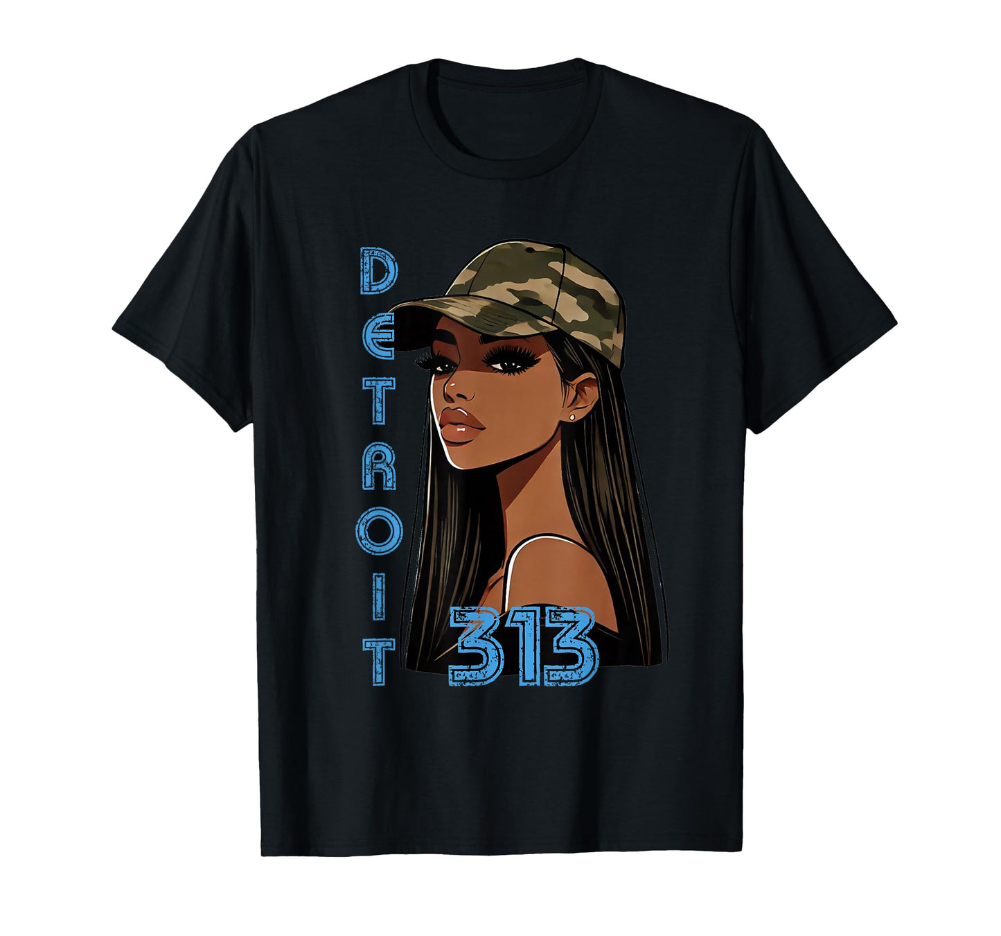 Detroit 313 Black Woman Camo Hat Hometown T-Shirt