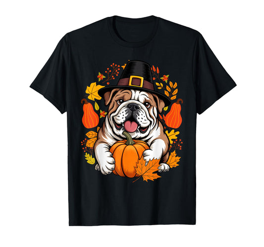 English Bulldog Pumpkin Leaf Thanksgiving Fall Halloween Dog T-Shirt