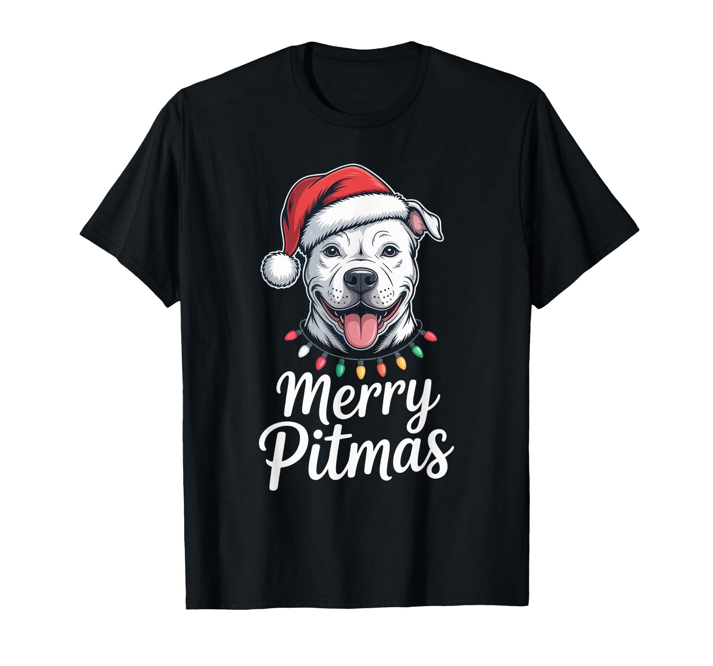 Merry Pitmas Pitbull Dog Christmas Lights Santa Hat Shirt T-Shirt
