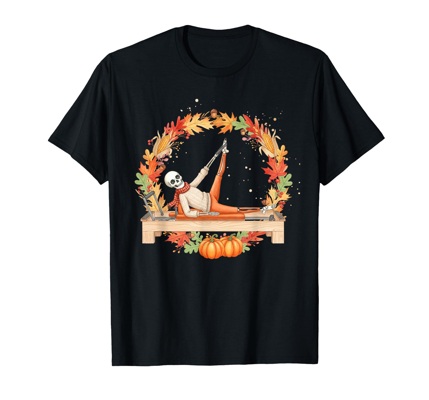 Skeleton Reformer Pilates Autumn Fall Leaves Wreath Pumpkins T-Shirt