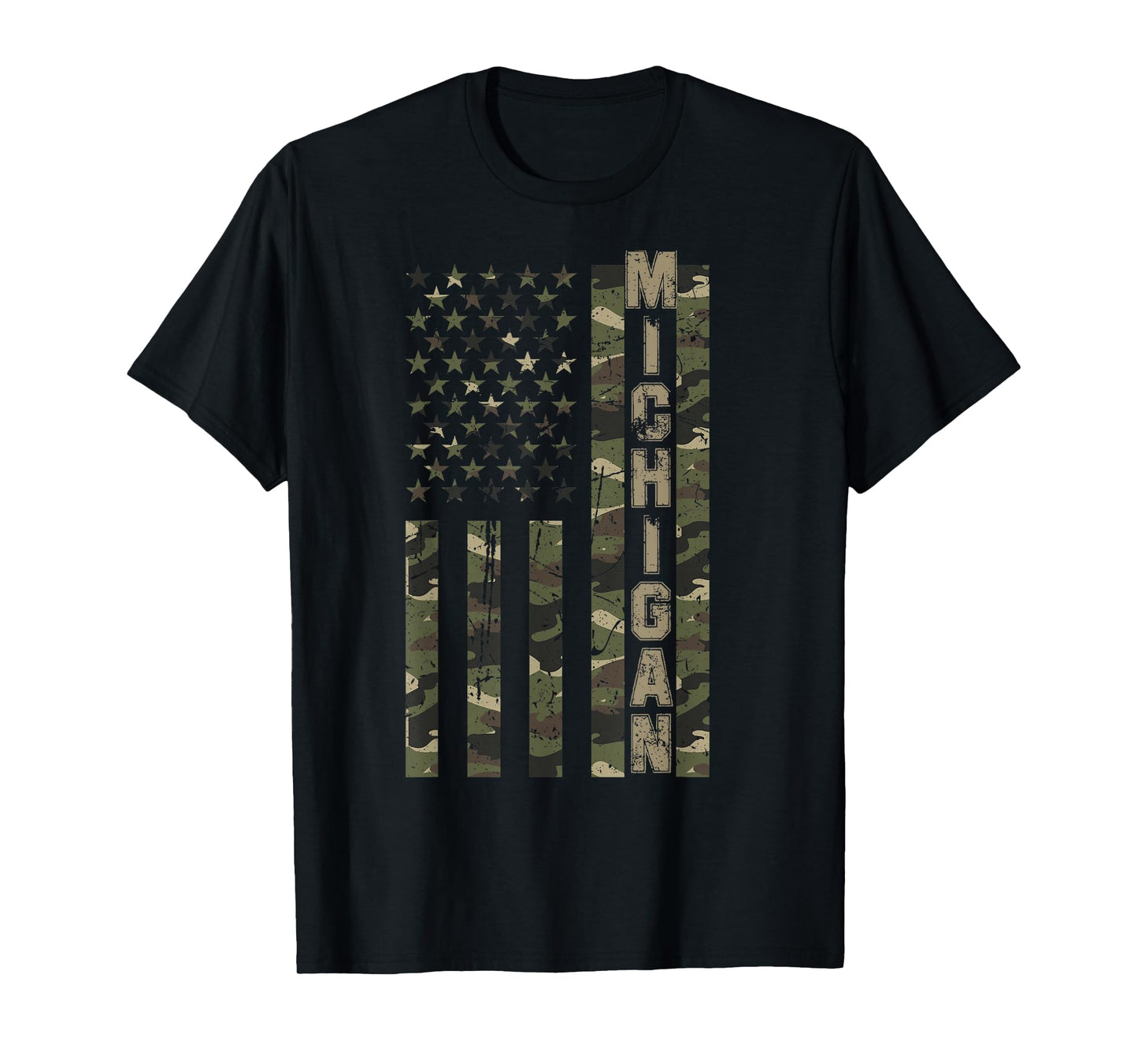 Michigan United States Distressed Camo w US Flag T-Shirt