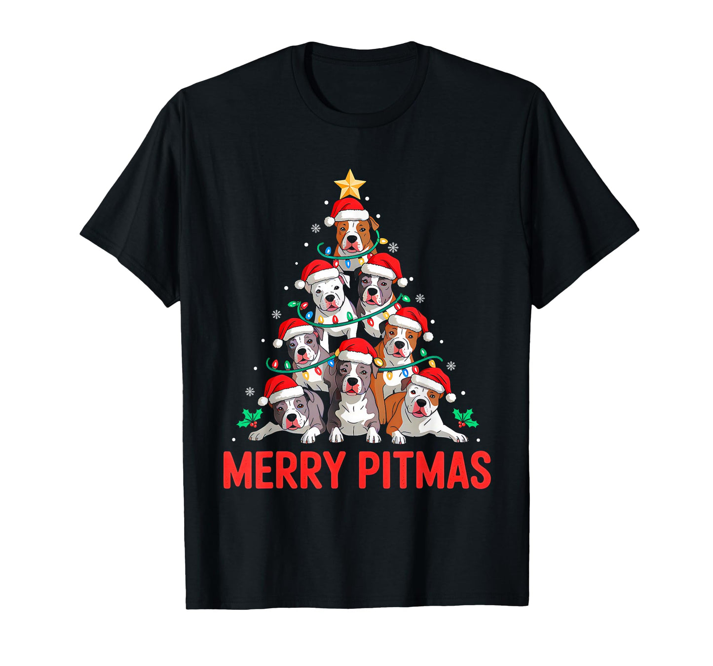 Pitbull Dog Tree Xmas Light Santa Hat Christmas Merry Pitmas T-Shirt