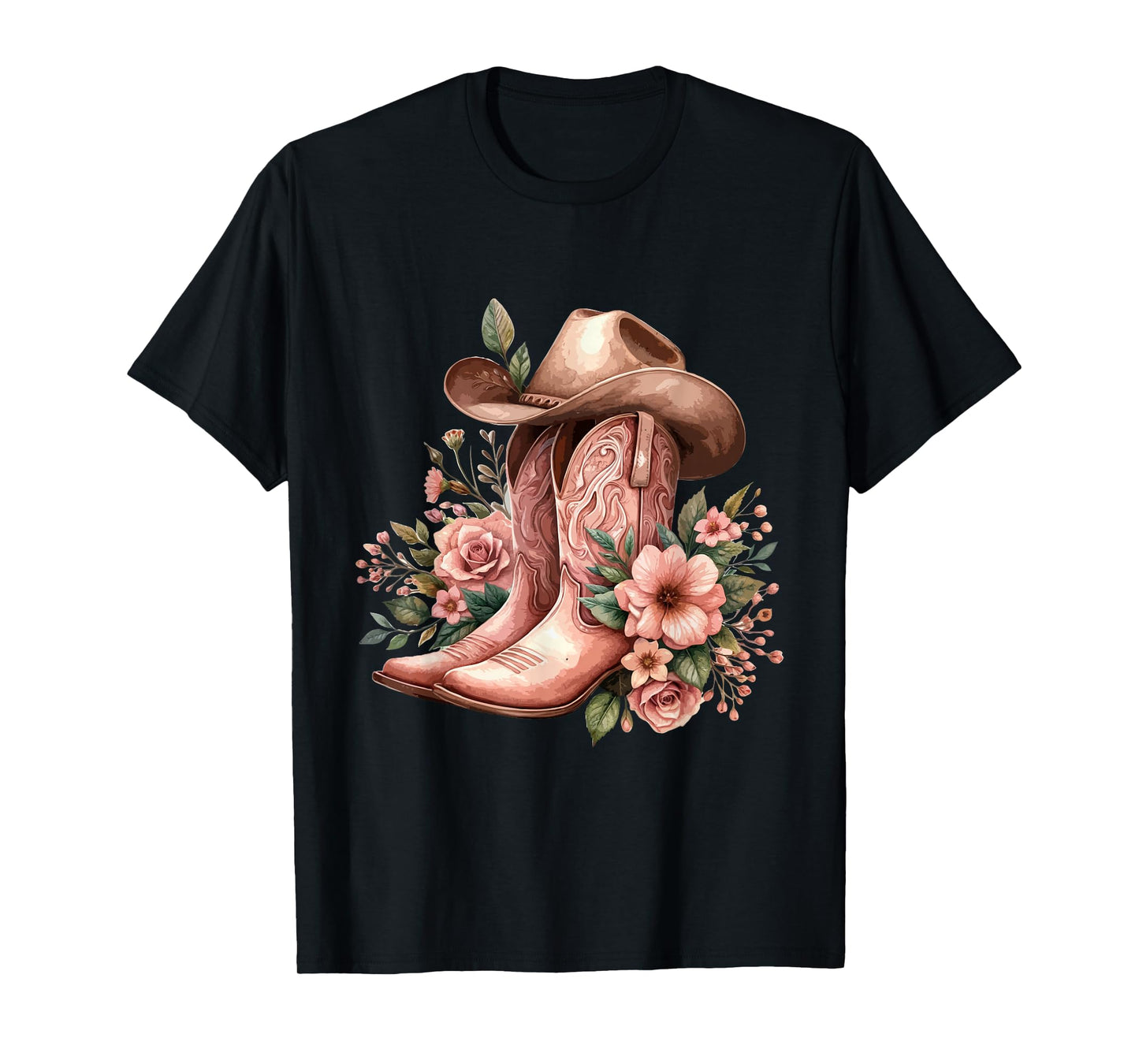 Boho Watercolor Cowgirl Boots Hat Floral Boots Western Boots T-Shirt
