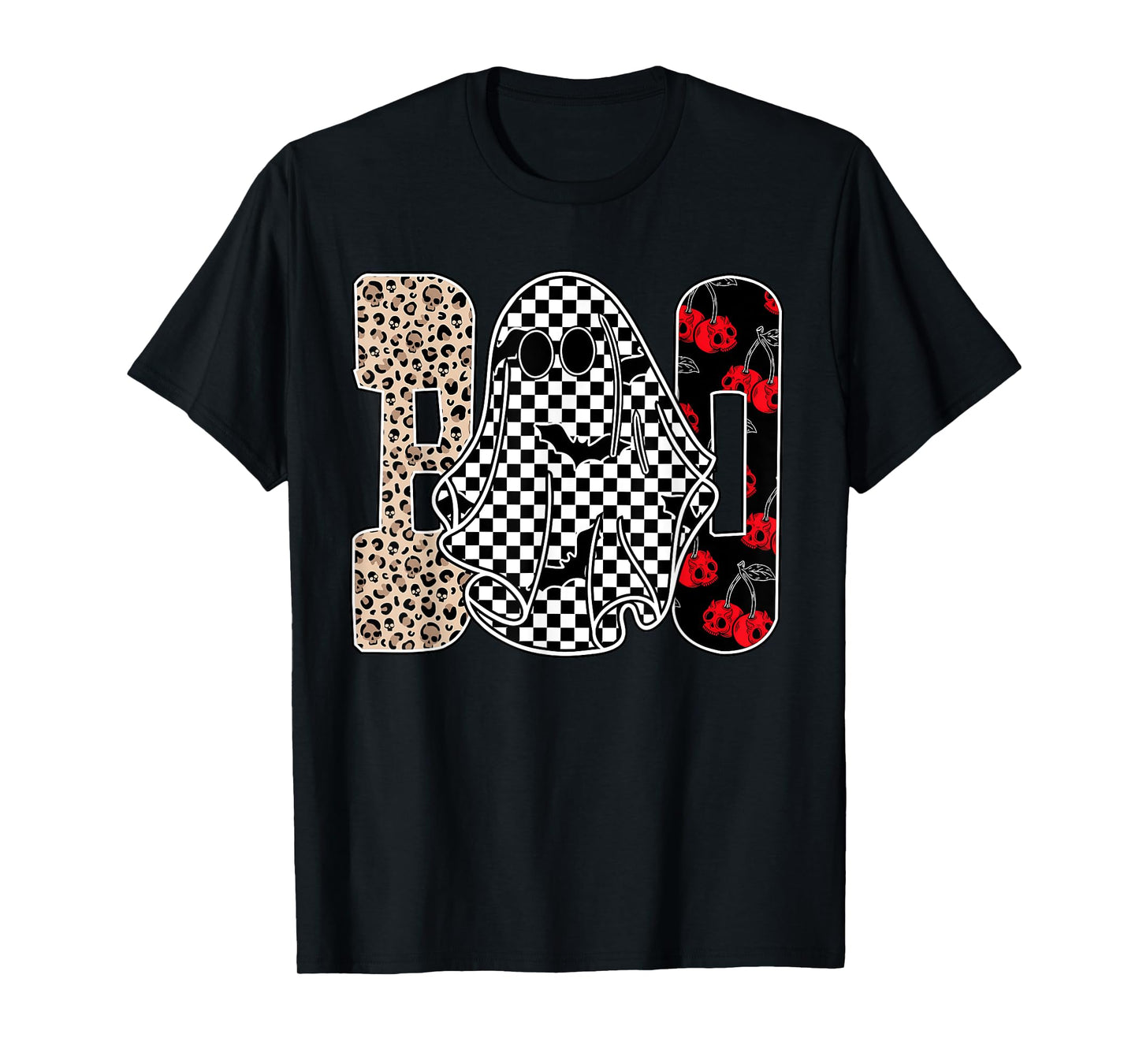 Halloween Boo Ghost Leopard Cherries Checkered Spooky Season T-Shirt