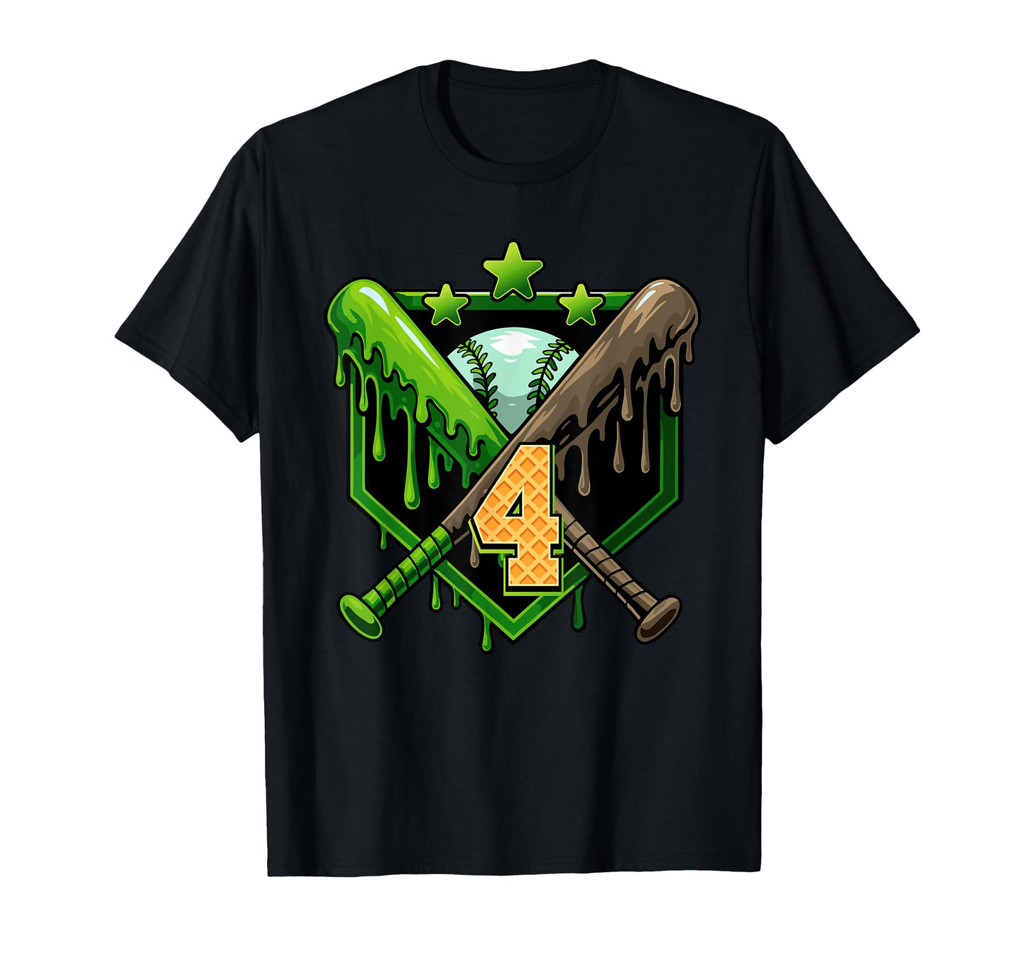 Baseball Drip 4th Birthday Boy Ice Cream Drip 4 Year Old T-Shirt