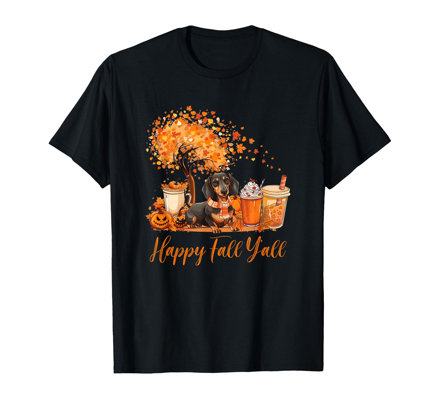 Happy Fall Y'all Dachshund Autumn Pumpkin Spice Latte T-Shirt