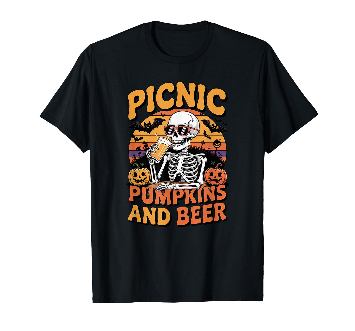 Halloween Tee Skeleton Picnic Pumpkins and Beer Retro T-Shirt