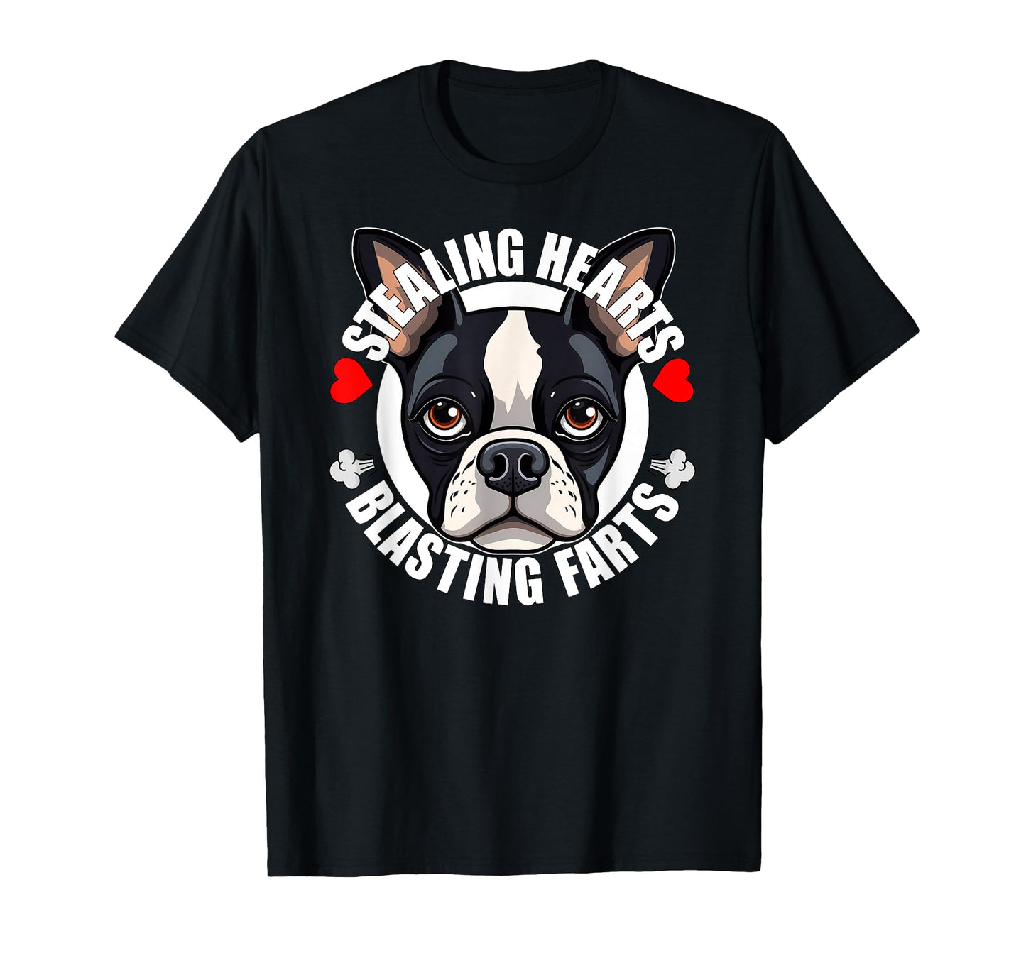 Funny Boston Terrier Stealing Hearts Blasting Farts Cute Dog Men Women Girls Kids T-Shirt