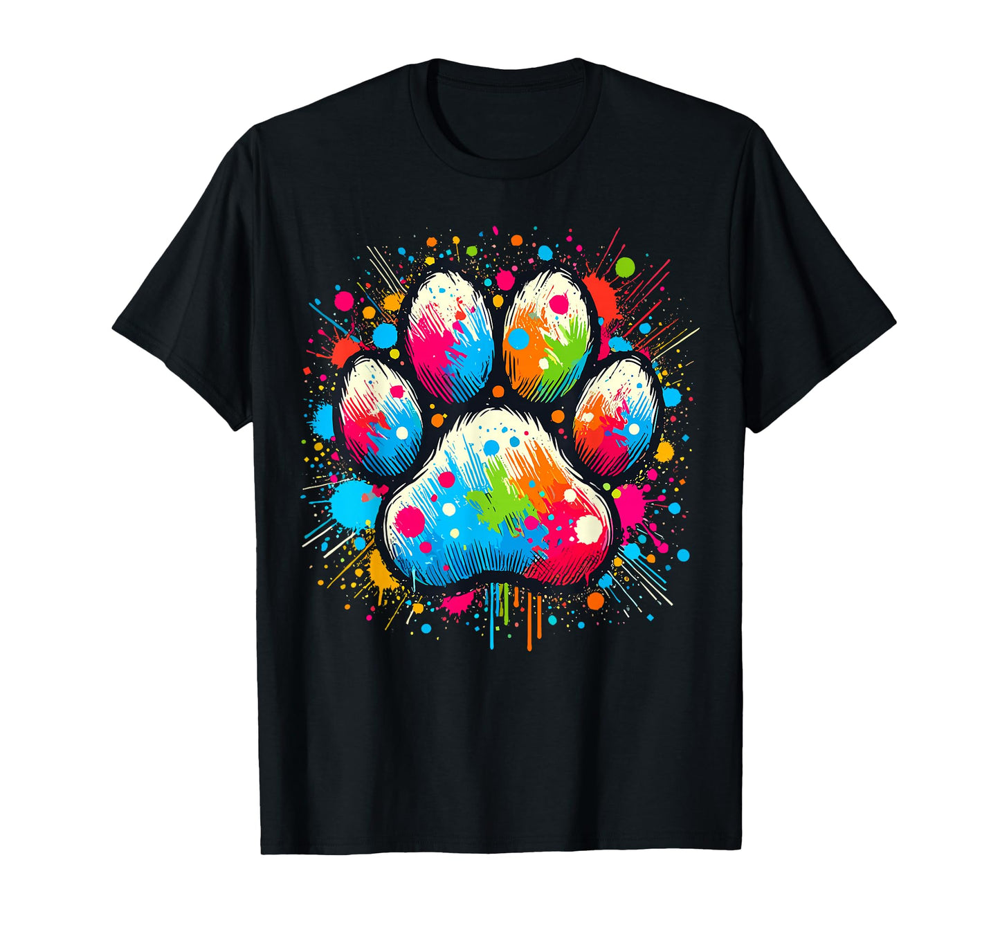 Dog Paw Lover Print Colorful Paw Dog T-Shirt, Unisex-Adults & Kids, Black, Small, Short Sleeve, Crew Neck, Classic Fit