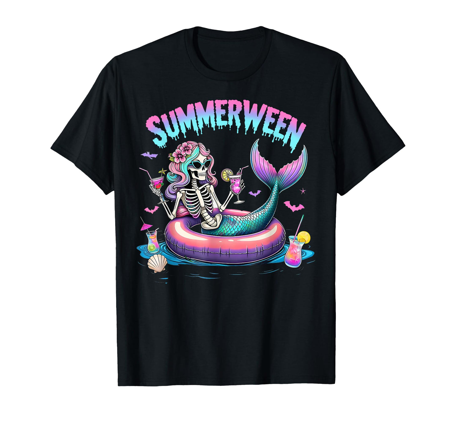 Summerween Mermaid Skeleton Beach Flamingo Halloween Girl T-Shirt