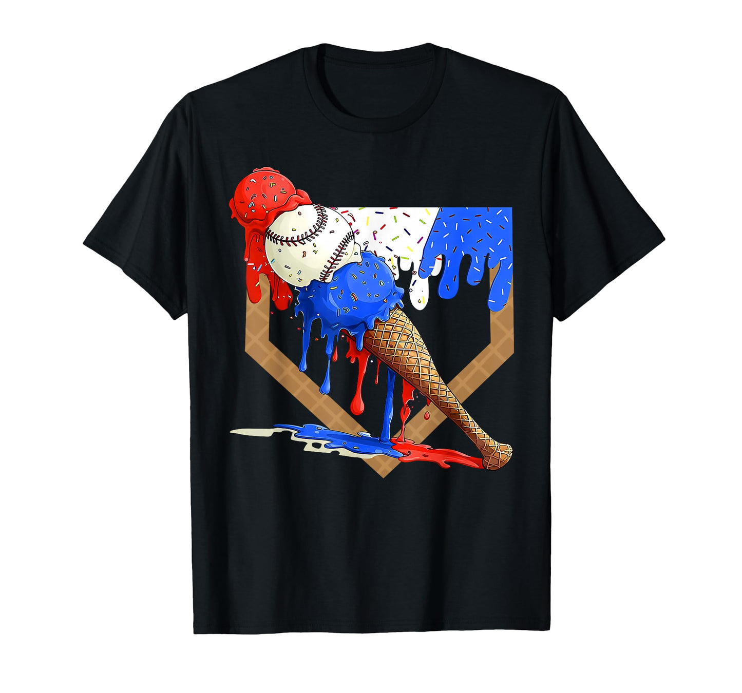 Baseball Home Plate Ice Cream Drip Red White Blue T-Shirt