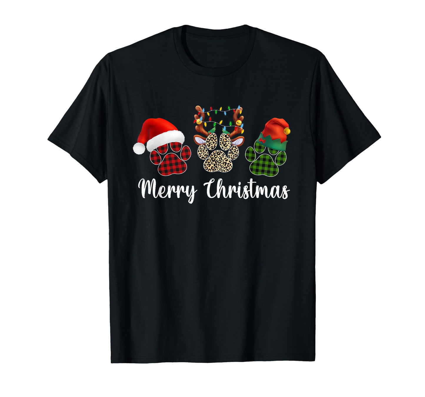 Merry Christmas Dog Paws Buffalo Plaid Leopard Santa Xmas T-Shirt
