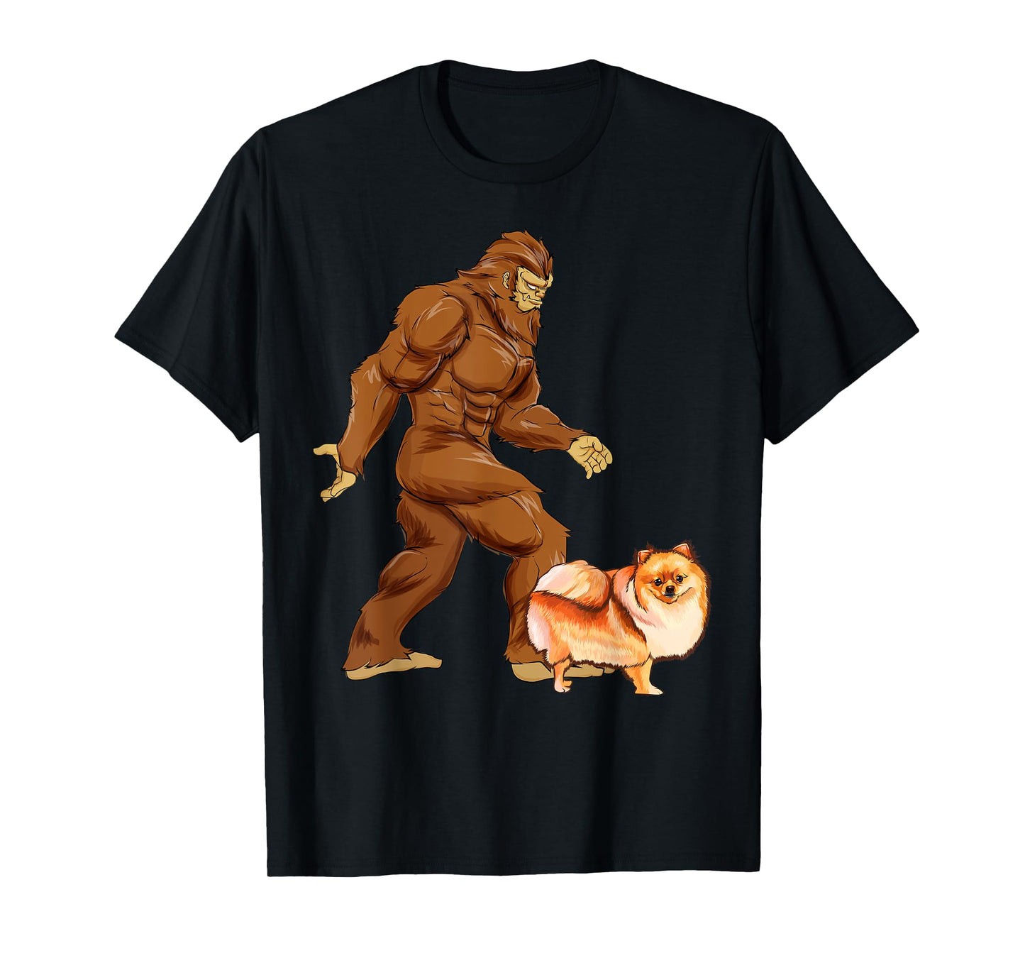 Funny Bigfoot Walking Pomeranian Sasquatch Dog T-Shirt for Men Women Kids