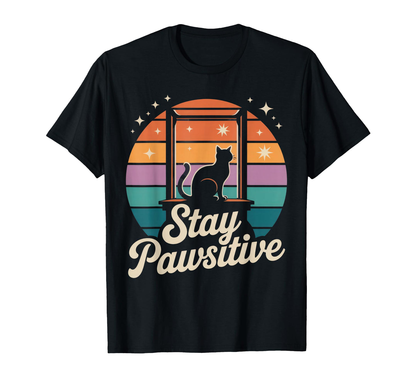 Stay Pawsitive Cat Silhouette Retro Sunset Outfit T-Shirt