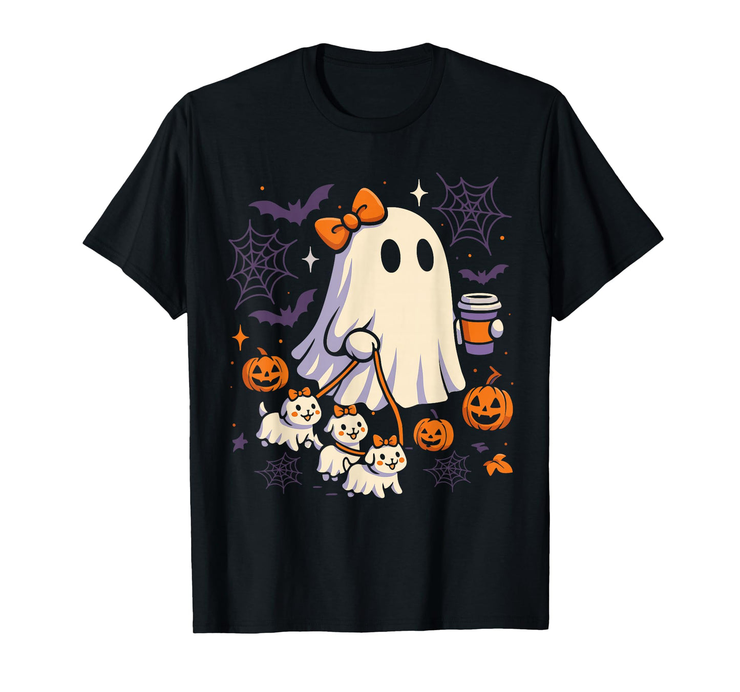 Ghost Walking Dog Shirt Coquette Halloween Dog Ghost Coffee T-Shirt