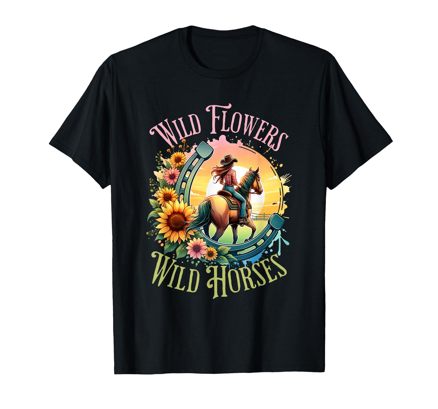 Wild Flowers & Wild Horses Country Sunset Western Cowgirl T-Shirt
