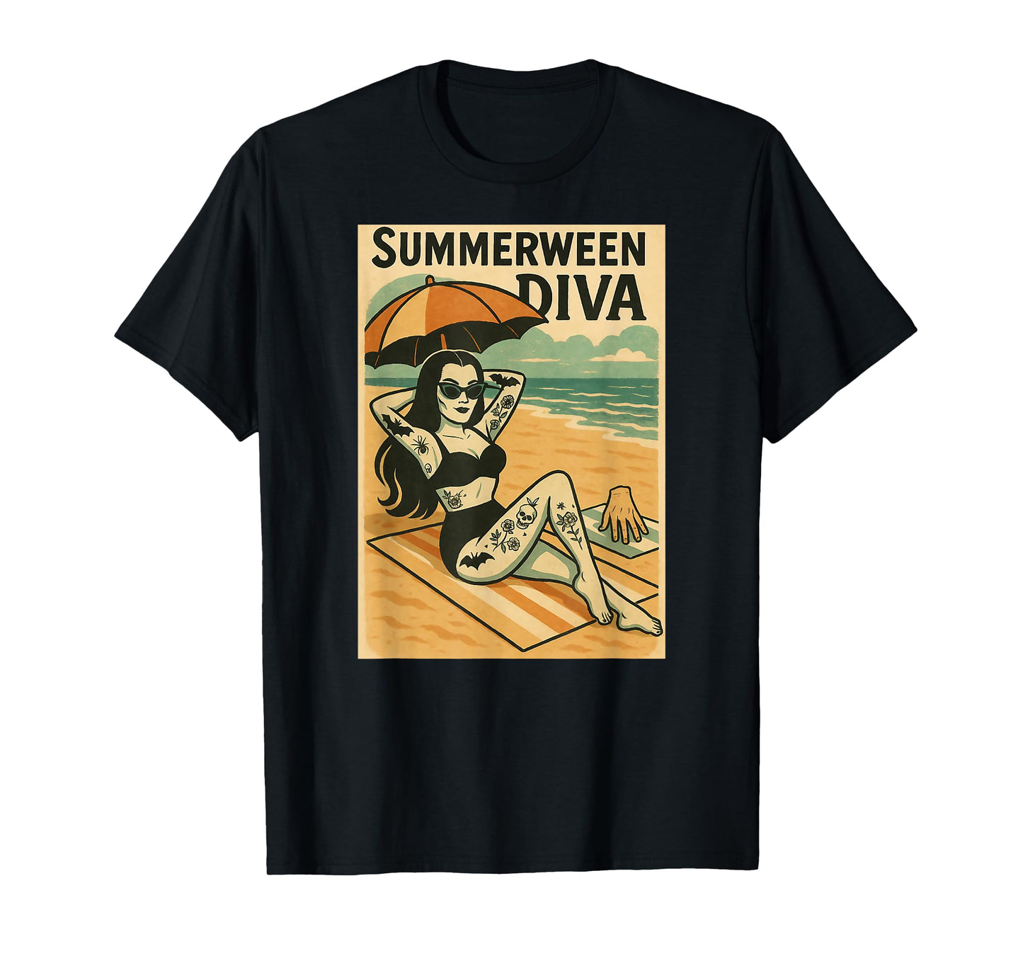 Summerween Diva Beach Gothic Retro Tattoo Art T-Shirt