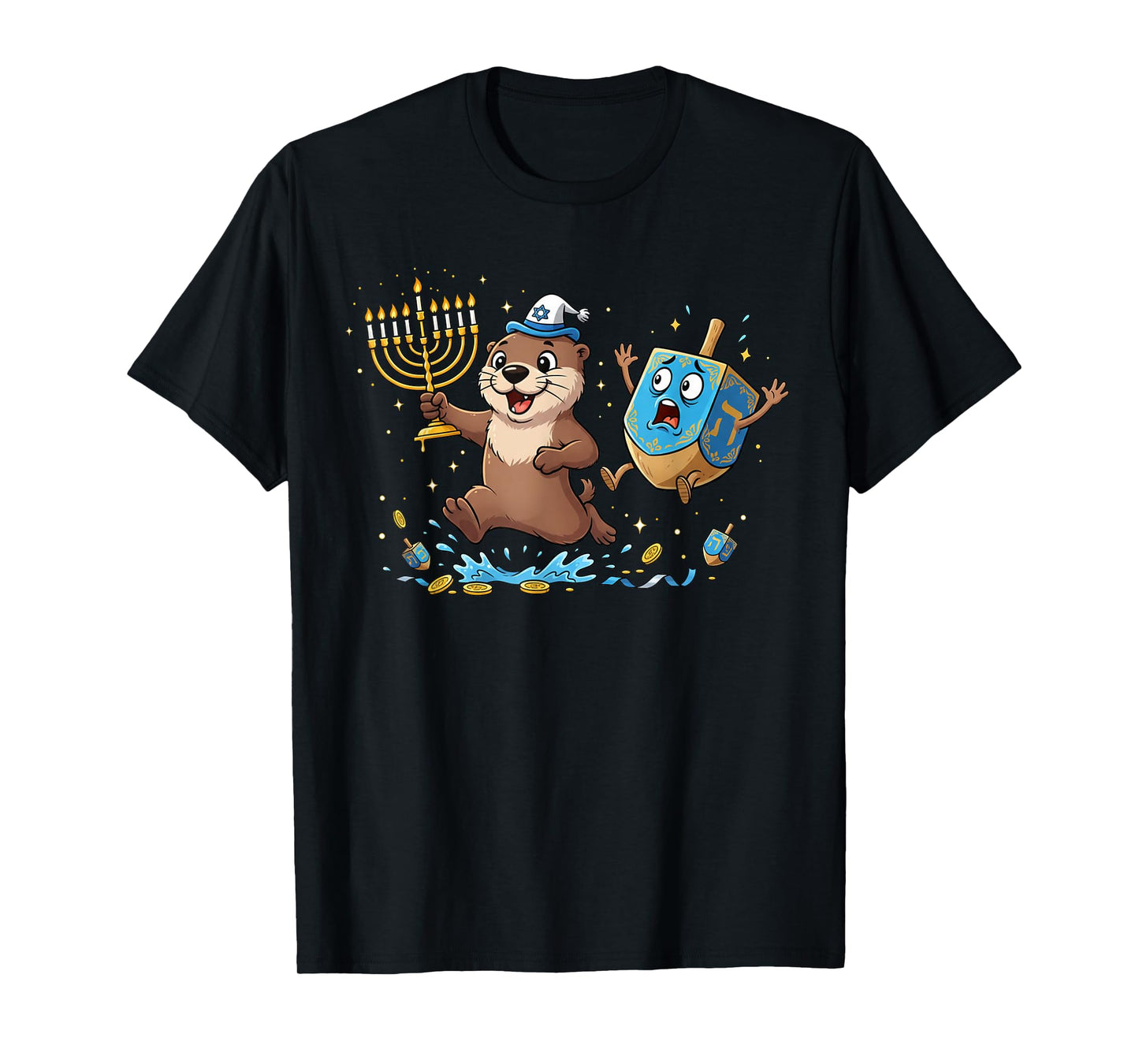 Funny Otter Dreidel Menorah Hanukkah Kids Womens Mens T-Shirt
