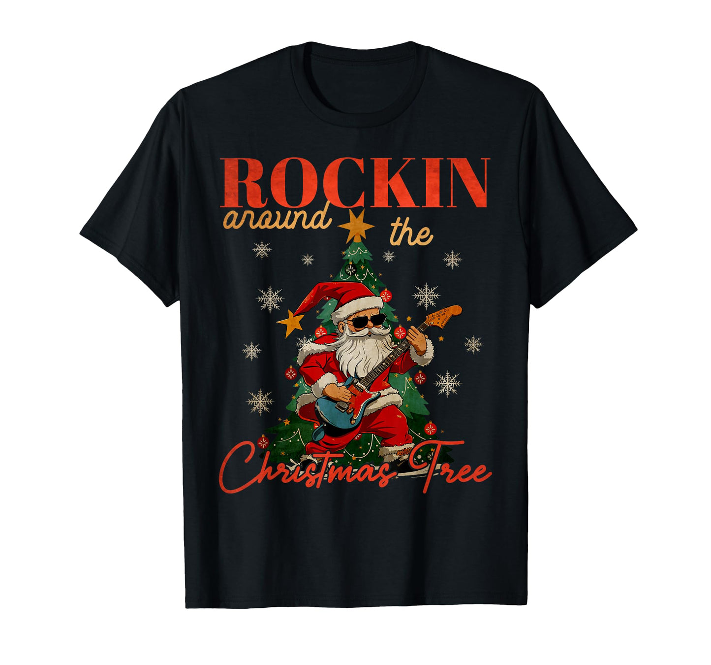 Rocking Around The Christmas Tree Santa Rock and Roll Guitar T-Shirt