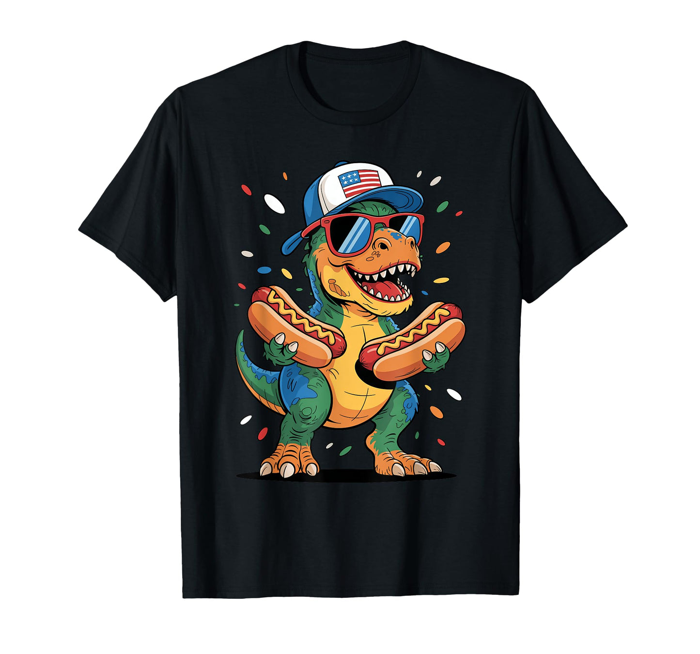 T Rex Dinosaur With Hotdogs USA Flag Sunglasses 4th of July T-Shirt