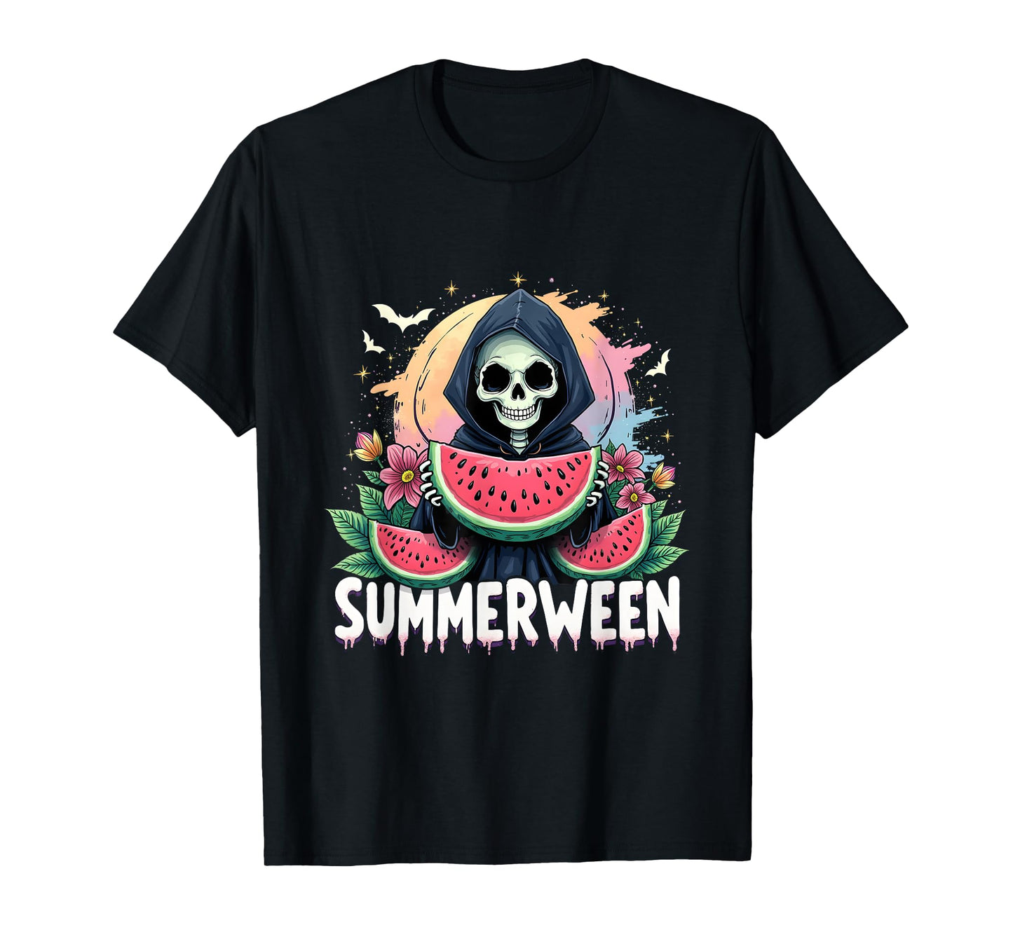 Summerween Skeleton Eating Watermelon Funny Halloween T-Shirt