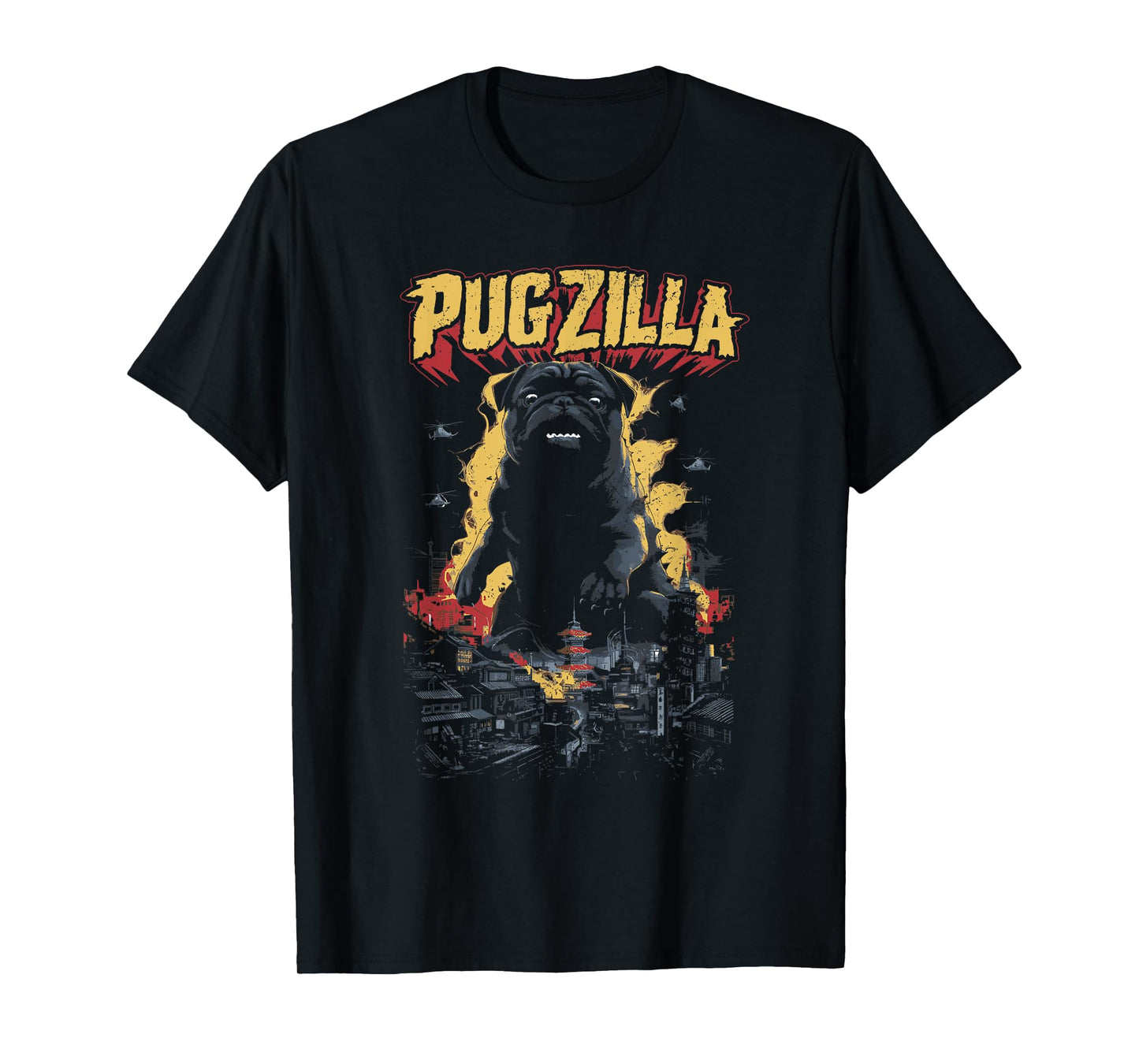 Pug Pet Dog Breed Pugzilla Funny Pug Lover Pug Owner Distressed Unisex-Adult Black Short Sleeve T-Shirt