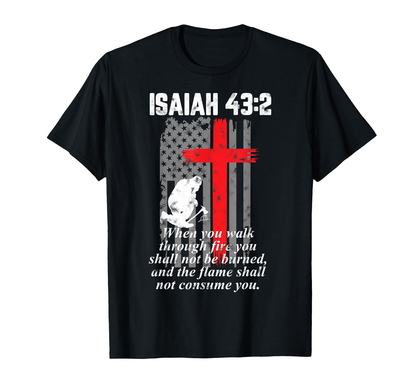 Thin Red Line Firefighter Cross Bible Verse American Flag T-Shirt Small